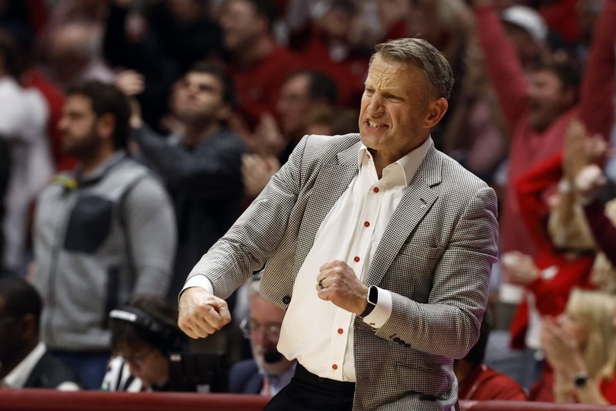 Jan 24, 2024; Tuscaloosa, Alabama, USA; Alabama Crimson Tide head coach Nate Oats reacts after a scoring play against the Auburn Tigers during the first half at Coleman Coliseum.