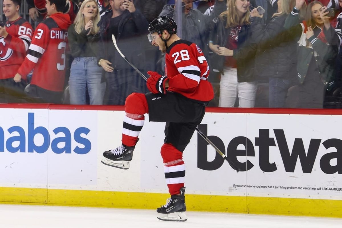 Dec 27, 2023; Newark, New Jersey, USA; New Jersey Devils right wing Timo Meier (28) celebrates his game winning goal against the Columbus Blue Jackets during overtime at Prudential Center.