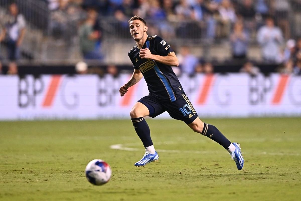 Oct 4, 2023; Philadelphia, Pennsylvania, USA; Philadelphia Union midfielder Daniel Gazdag (10) chases the ball in the first half against the Atlanta United at Subaru Park.