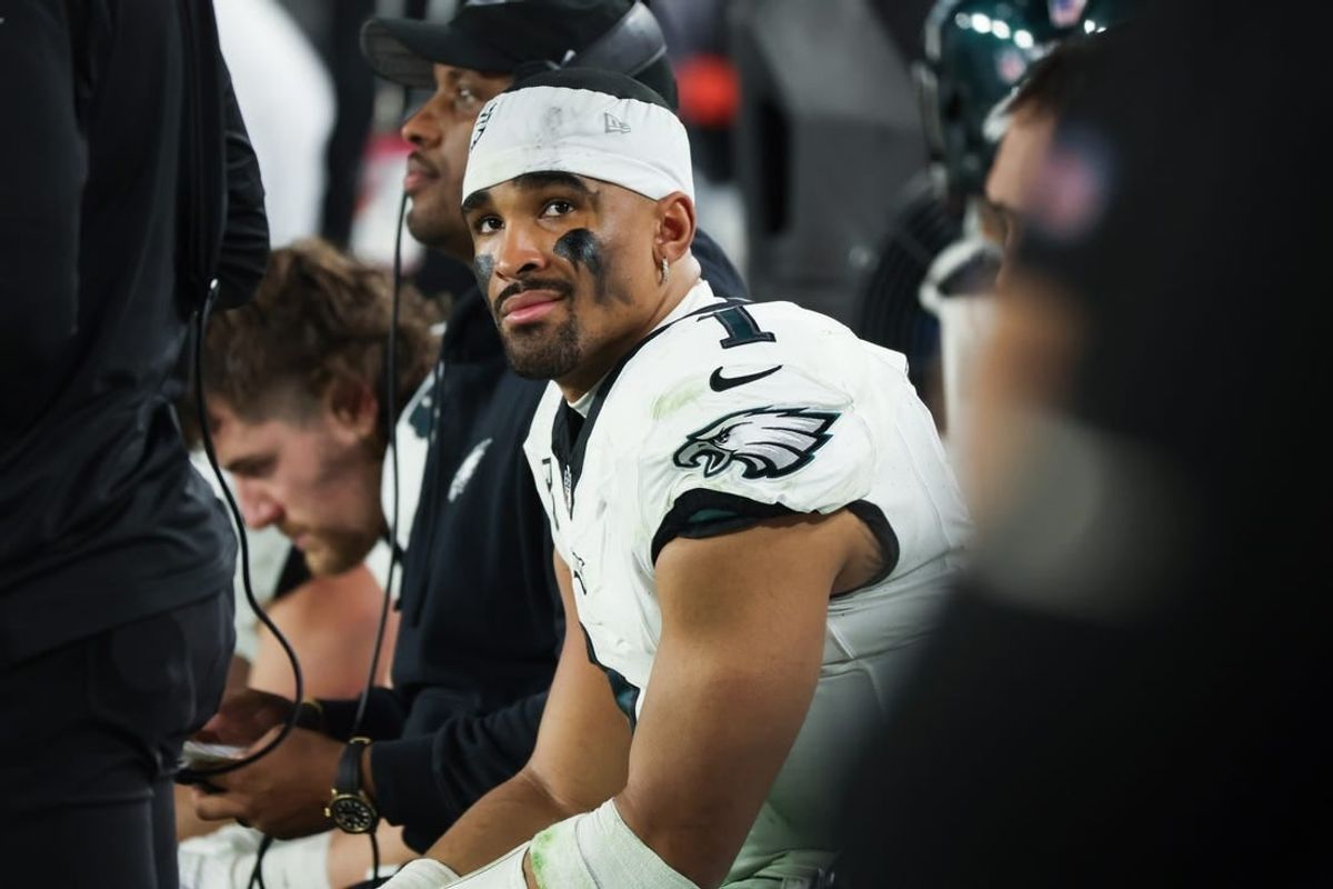 Jan 15, 2024; Tampa, Florida, USA; Philadelphia Eagles quarterback Jalen Hurts (1) reacts during the second half of a 2024 NFC wild card game against the Tampa Bay Buccaneers at Raymond James Stadium.