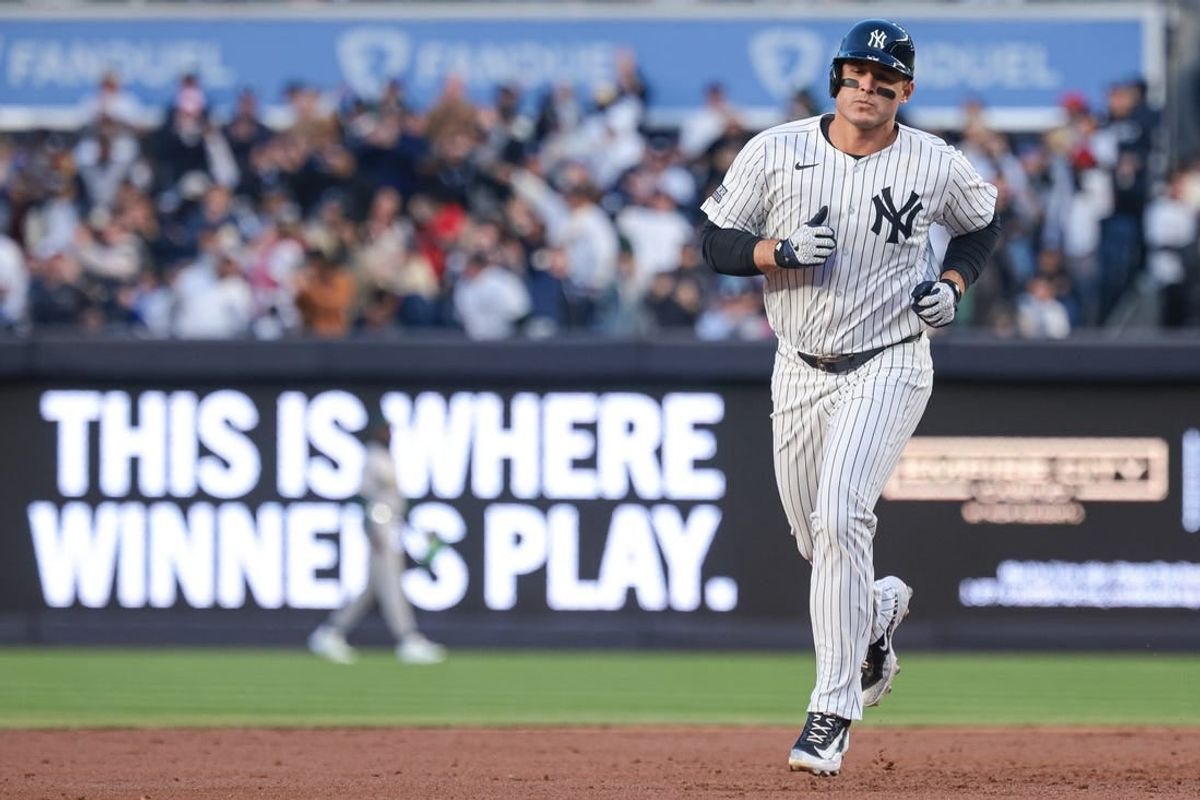 Apr 23, 2024; Bronx, New York, USA; New York Yankees first baseman Anthony Rizzo (48) rounds the bases after hitting a two-run home run during the first inning against the Oakland Athletics at Yankee Stadium.