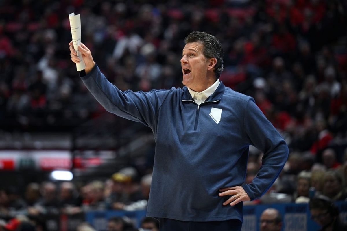 Jan 10, 2023; San Diego, California, USA; Nevada Wolf Pack head coach Steve Alford gestures during the first half against the San Diego State Aztecs at Viejas Arena.