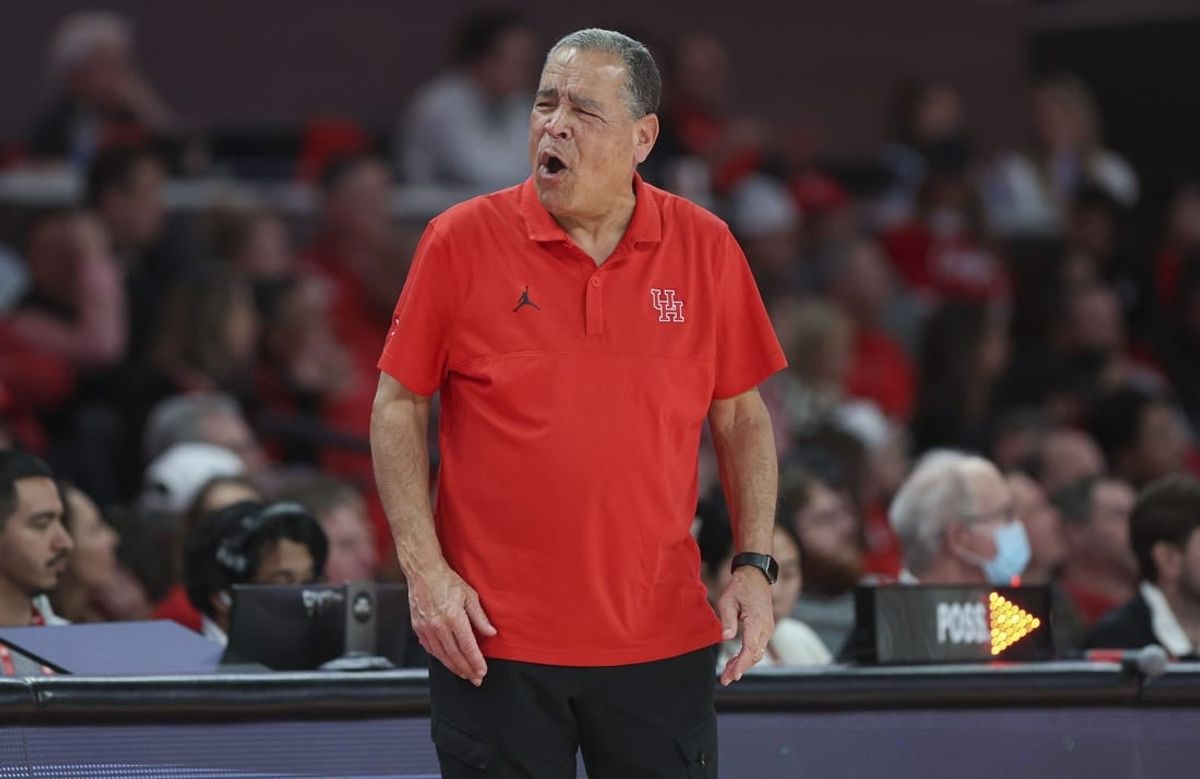 Jan 17, 2024; Houston, Texas, USA; Houston Cougars head coach Kelvin Sampson reacts during the second half against the Texas Tech Red Raiders at Fertitta Center.
