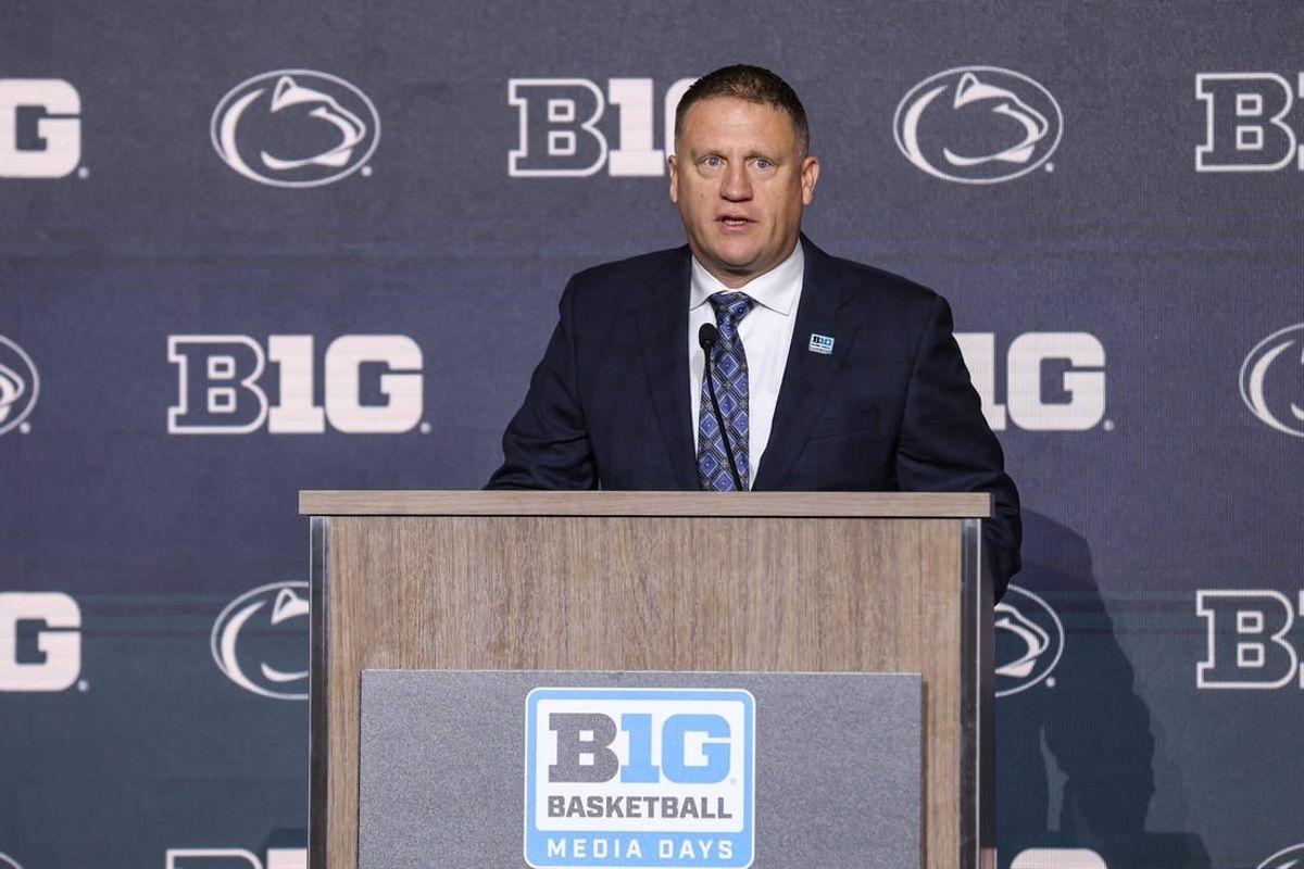 Oct 10, 2023; Minneapolis, MN, USA; Penn State Nittany Lions head coach Mike Rhoades speaks to the media during the Big Ten basketball media days at Target Center.