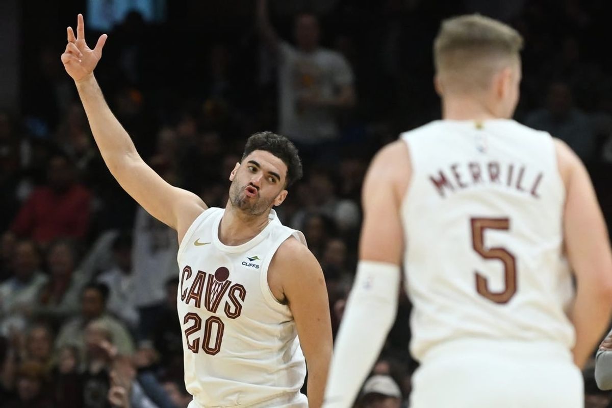 Jan 5, 2024; Cleveland, Ohio, USA; Cleveland Cavaliers forward Georges Niang (20) celebrates after hitting a three point basket during the second half against the Washington Wizards at Rocket Mortgage FieldHouse.