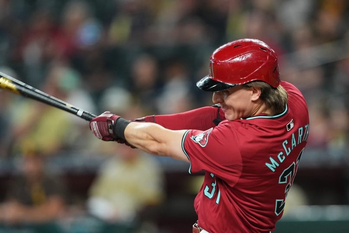 May 5, 2024; Phoenix, Arizona, USA; Arizona Diamondbacks outfielder Jake McCarthy (31) bats against the San Diego Padres during the fourth inning at Chase Field.
