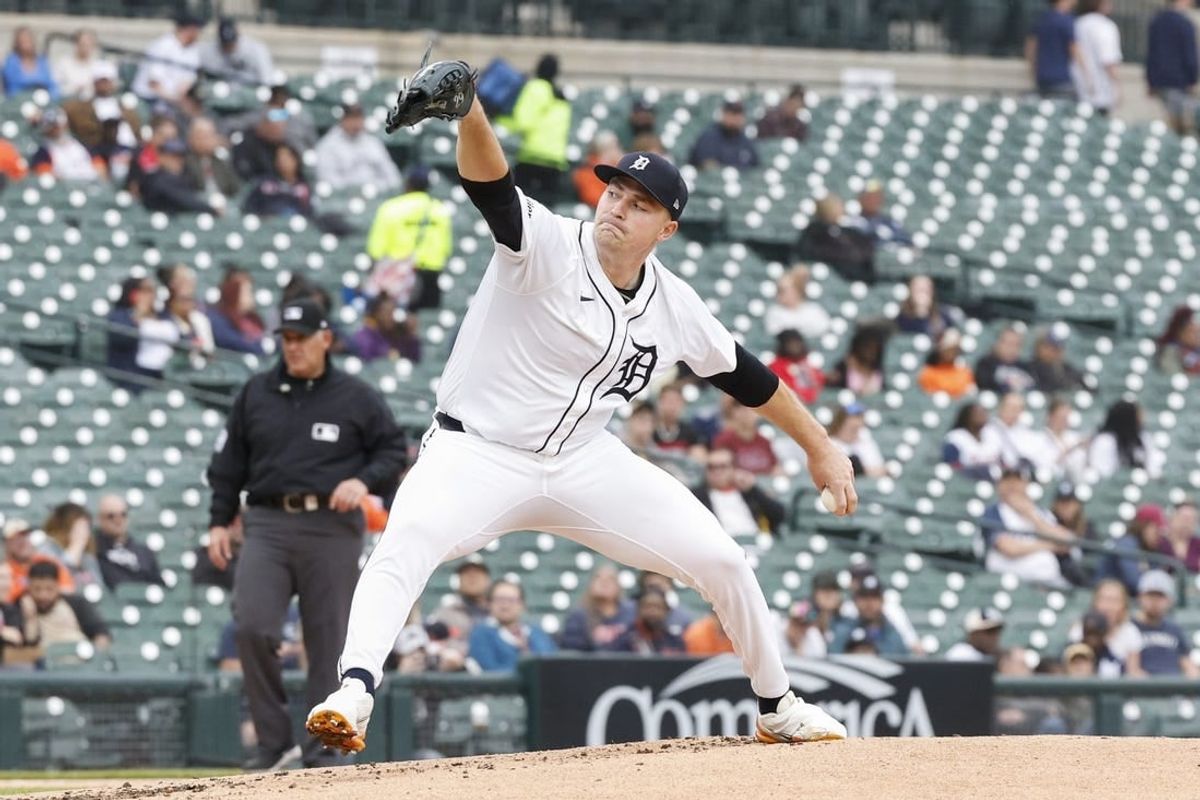 Apr 17, 2024; Detroit, Michigan, USA; Detroit Tigers starting pitcher Tarik Skubal (29) throws during the second inning of the game against the Texas Rangers at Comerica Park.
