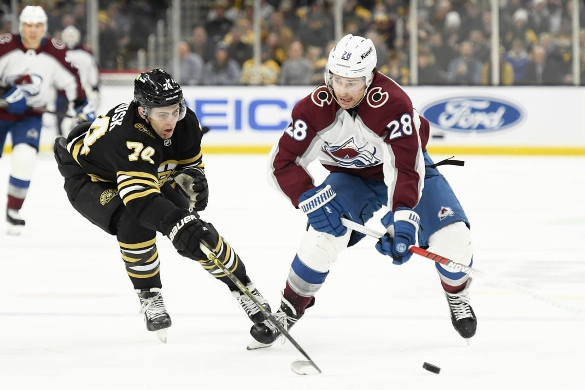 Jan 18, 2024; Boston, Massachusetts, USA; Colorado Avalanche left wing Miles Wood (28) controls the puck while Colorado Avalanche right wing Alex Beaucage (74) defends during the second period at TD Garden.