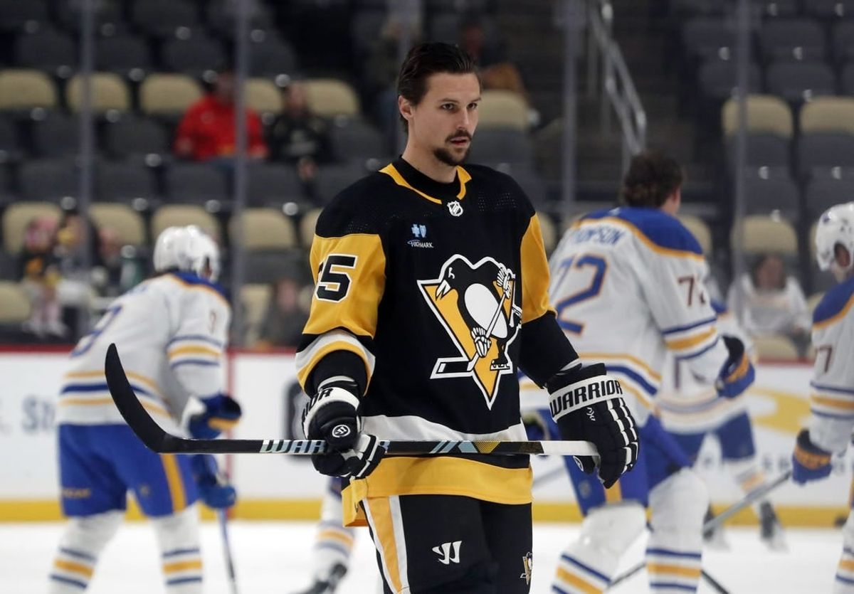 Sep 28, 2023; Pittsburgh, Pennsylvania, USA; Pittsburgh Penguins defenseman Erik Karlsson (65) warms up before the game against the Buffalo Sabres at PPG Paints Arena.
