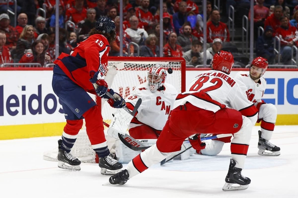Mar 22, 2024; Washington, District of Columbia, USA; Washington Capitals left wing Sonny Milano (15) scores a goal past Carolina Hurricanes goaltender Pyotr Kochetkov (52) during the first period at Capital One Arena.