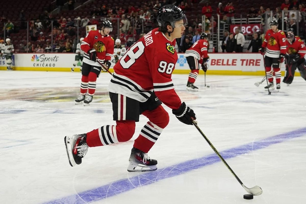 Oct 5, 2023; Chicago, Illinois, USA; Chicago Blackhawks center Connor Bedard (98) warms up before the game against the Minnesota Wild at United Center.