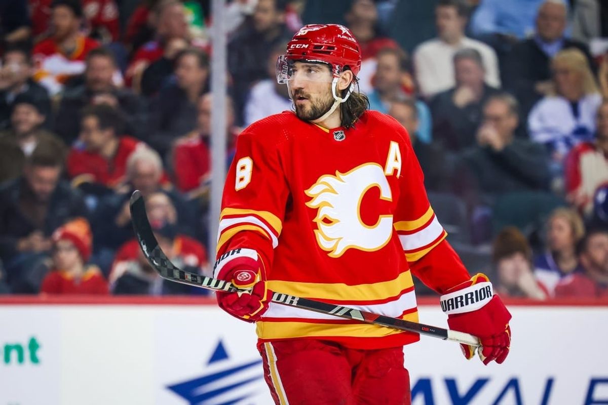 Jan 18, 2024; Calgary, Alberta, CAN; Calgary Flames defenseman Chris Tanev (8) against the Toronto Maple Leafs during the second period at Scotiabank Saddledome.