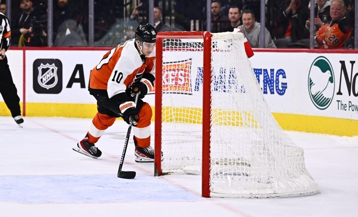 Dec 14, 2023; Philadelphia, Pennsylvania, USA; Philadelphia Flyers right wing Bobby Brink (10) scores a shootout goal against the Washington Capitals in overtime at Wells Fargo Center.
