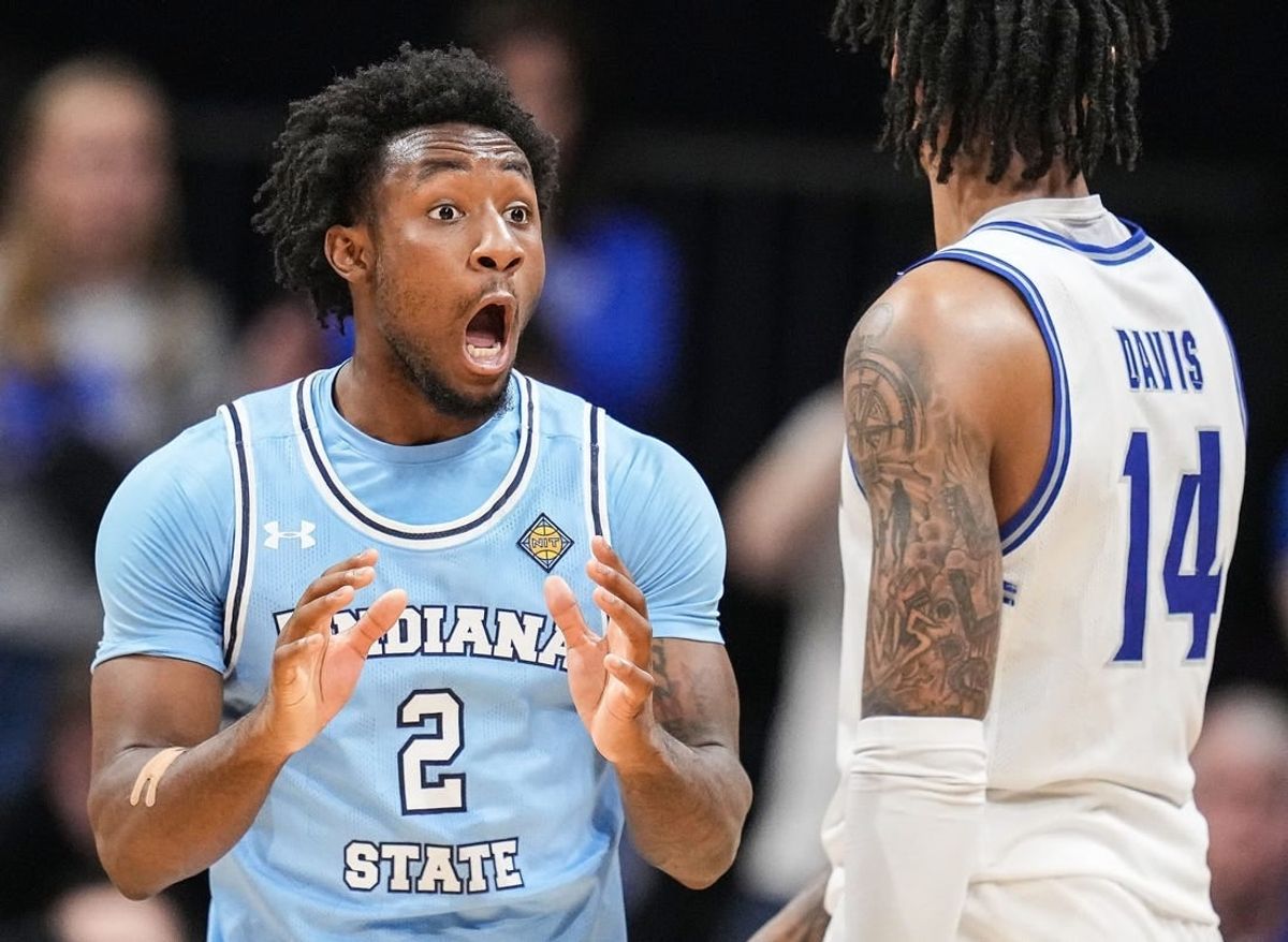 Indiana State Sycamores guard Isaiah Swope (2) reacts to a call from referee Thursday, April 4, 2024, during the NIT championship game at Hinkle Fieldhouse in Indianapolis. The Seton Hall Pirates defeated the Indiana State Sycamores, 79-77.
