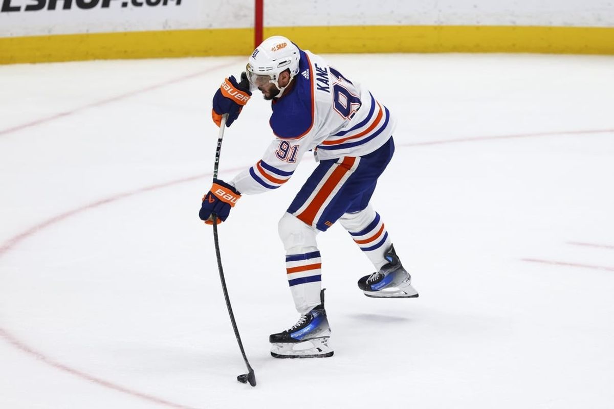 Feb 9, 2024; Anaheim, California, USA; Edmonton Oilers left wing Evander Kane (91) scores a goal during the third period of a game against the Anaheim Ducks at Honda Center.