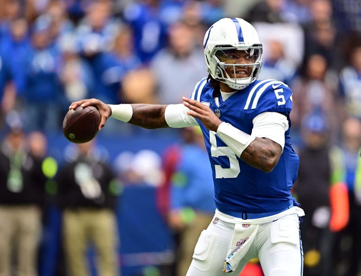 Oct 8, 2023; Indianapolis, Indiana, USA; Indianapolis Colts quarterback Anthony Richardson (5) throws a pass during the first quarter against the Tennessee Titans at Lucas Oil Stadium.