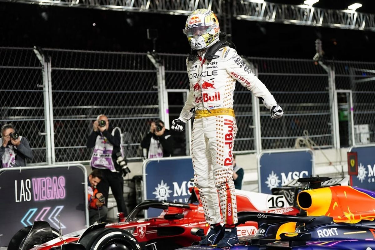 Nov 18, 2023; Las Vegas, Nevada, USA; Red Bull Racing Honda driver Max Verstappen of Netherlands (1) celebrates after winning the Formula 1 Heineken Silver Las Vegas Grand Prix at the Las Vegas Strip Circuit.