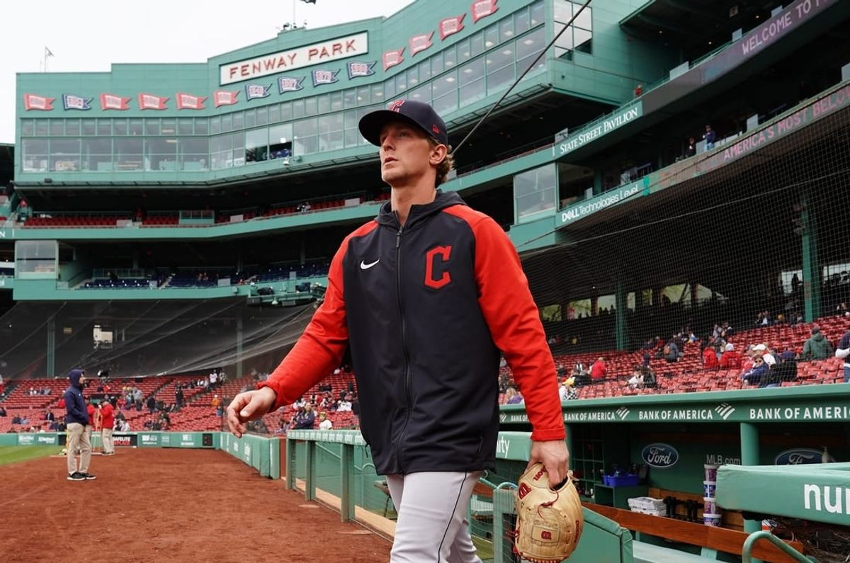 Apr 29, 2023; Boston, Massachusetts, USA; Cleveland Guardians starting pitcher Zach Plesac (34) walks onto the field before the start of the game against the Boston Red Soxat Fenway Park.