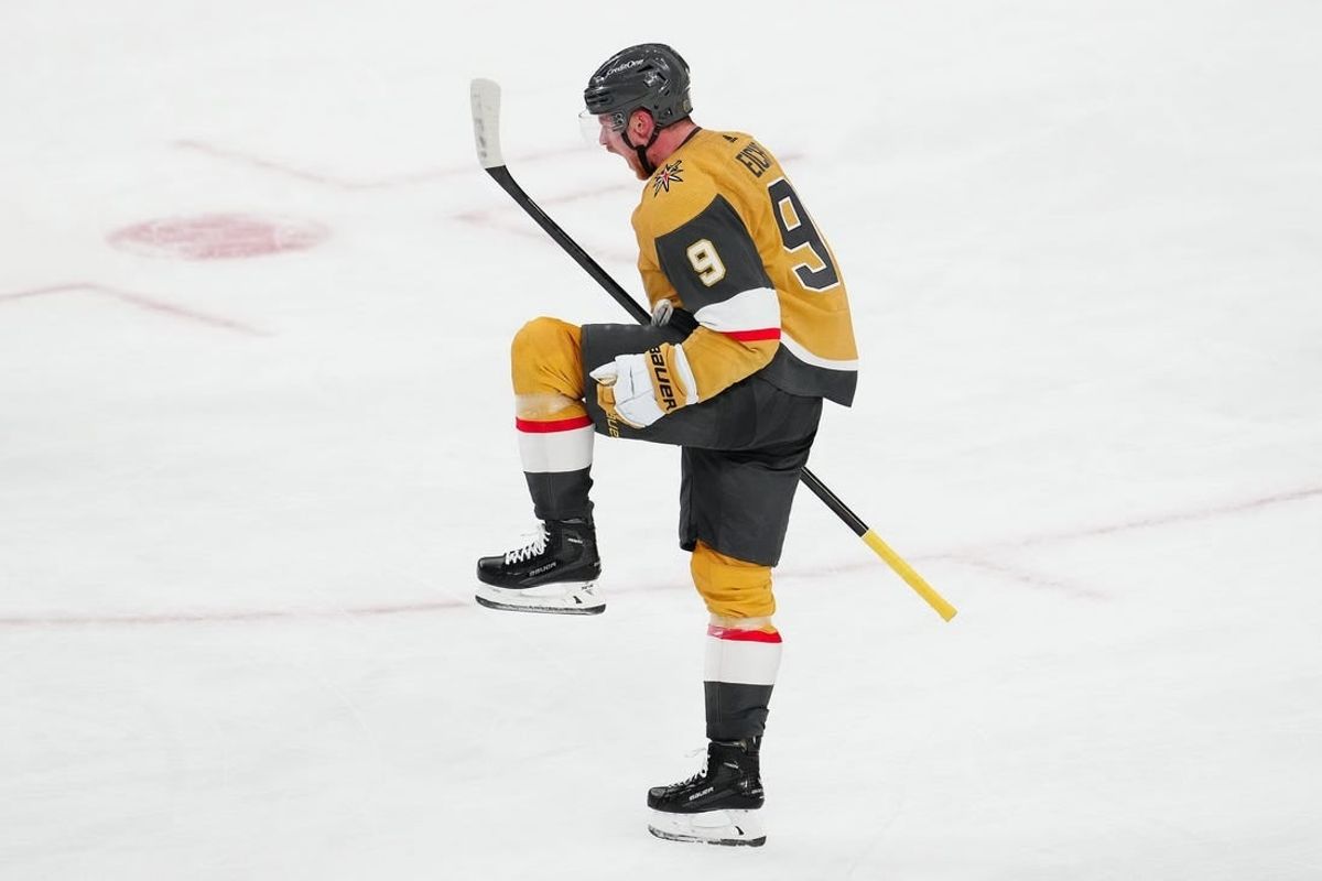 Dec 4, 2023; Las Vegas, Nevada, USA; Vegas Golden Knights center Jack Eichel (9) celebrates after scoring a goal against the St. Louis Blues during the third period at T-Mobile Arena.