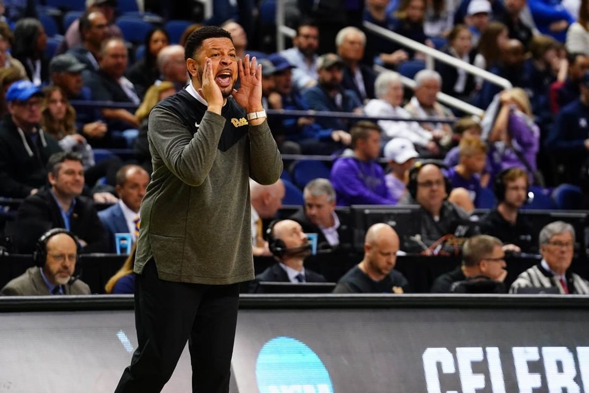 Mar 19, 2023; Greensboro, NC, USA; Pittsburgh Panthers head coach Jeff Capel reacts to a play during the first half against the Xavier Musketeers in the second round of the 2023 NCAA men   s basketball tournament at Greensboro Coliseum.