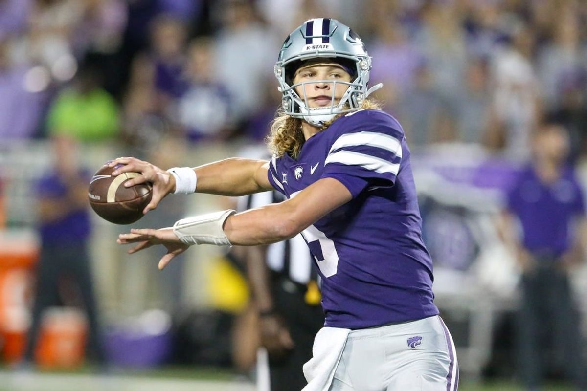 Oct 21, 2023; Manhattan, Kansas, USA; Kansas State Wildcats quarterback Avery Johnson (5) drops back to pass during the first quarter against the TCU Horned Frogs at Bill Snyder Family Football Stadium.