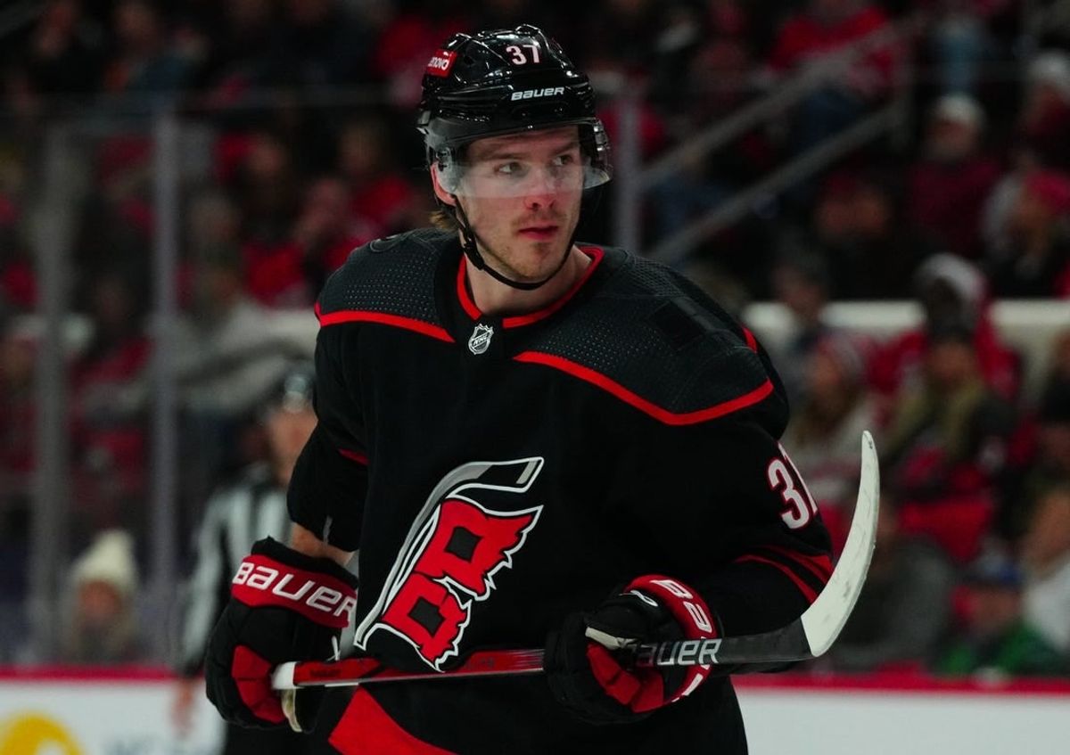 Dec 19, 2023; Raleigh, North Carolina, USA;  Carolina Hurricanes right wing Andrei Svechnikov (37) looks on against the Vegas Golden Knights during the first period at PNC Arena.
