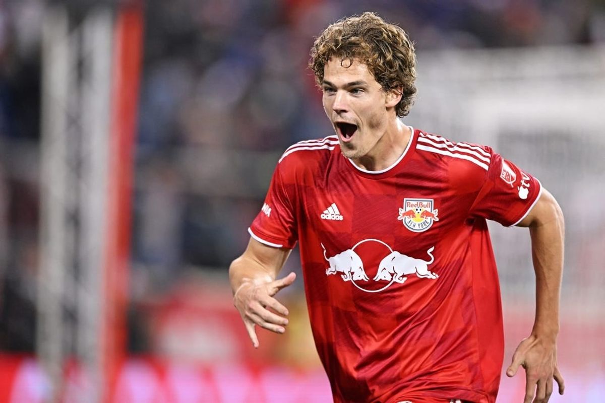 Nov 4, 2023; Harrison, NJ, USA; New York Red Bulls forward Tom Barlow (74) celebrates after scoring a goal during the second half against the FC Cincinnati of game two in a round one match of the 2023 MLS Cup Playoffs at Red Bull Arena.