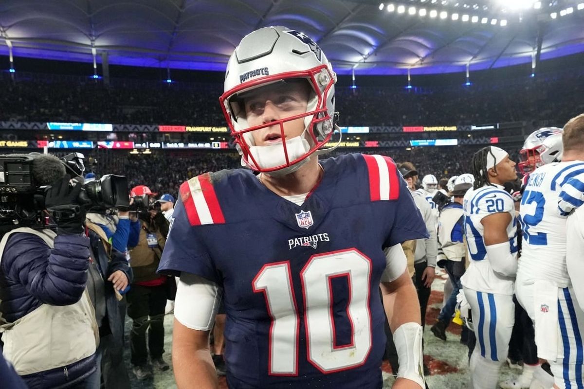 Nov 12, 2023; Frankfurt, Germany; New England Patriots quarterback Mac Jones (10) leaves the field after an NFL International Series game against the Indianapolis Colts at Deutsche Bank Park.