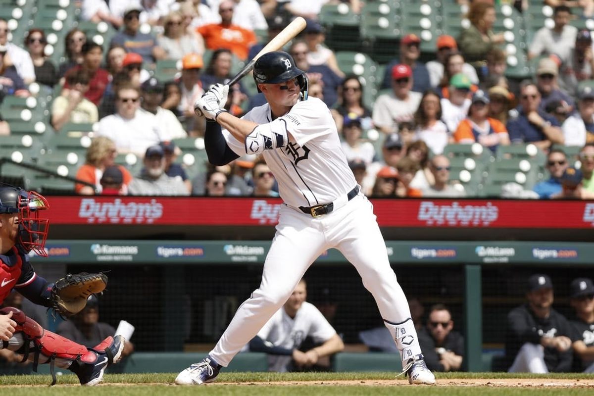 Apr 14, 2024; Detroit, Michigan, USA; Detroit Tigers first base Spencer Torkelson (20) looks on during an at bat during the game against the Minnesota Twins at Comerica Park.