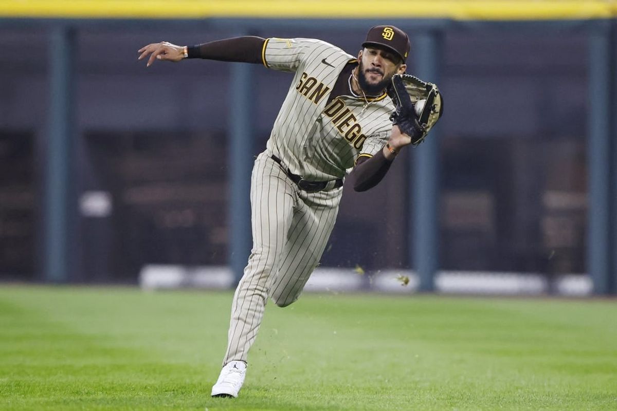 Sep 29, 2023; Chicago, Illinois, USA; San Diego Padres right fielder Fernando Tatis Jr. (23) catches a pop up ball hit by Chicago White Sox shortstop Tim Anderson during the ninth inning at Guaranteed Rate Field.
