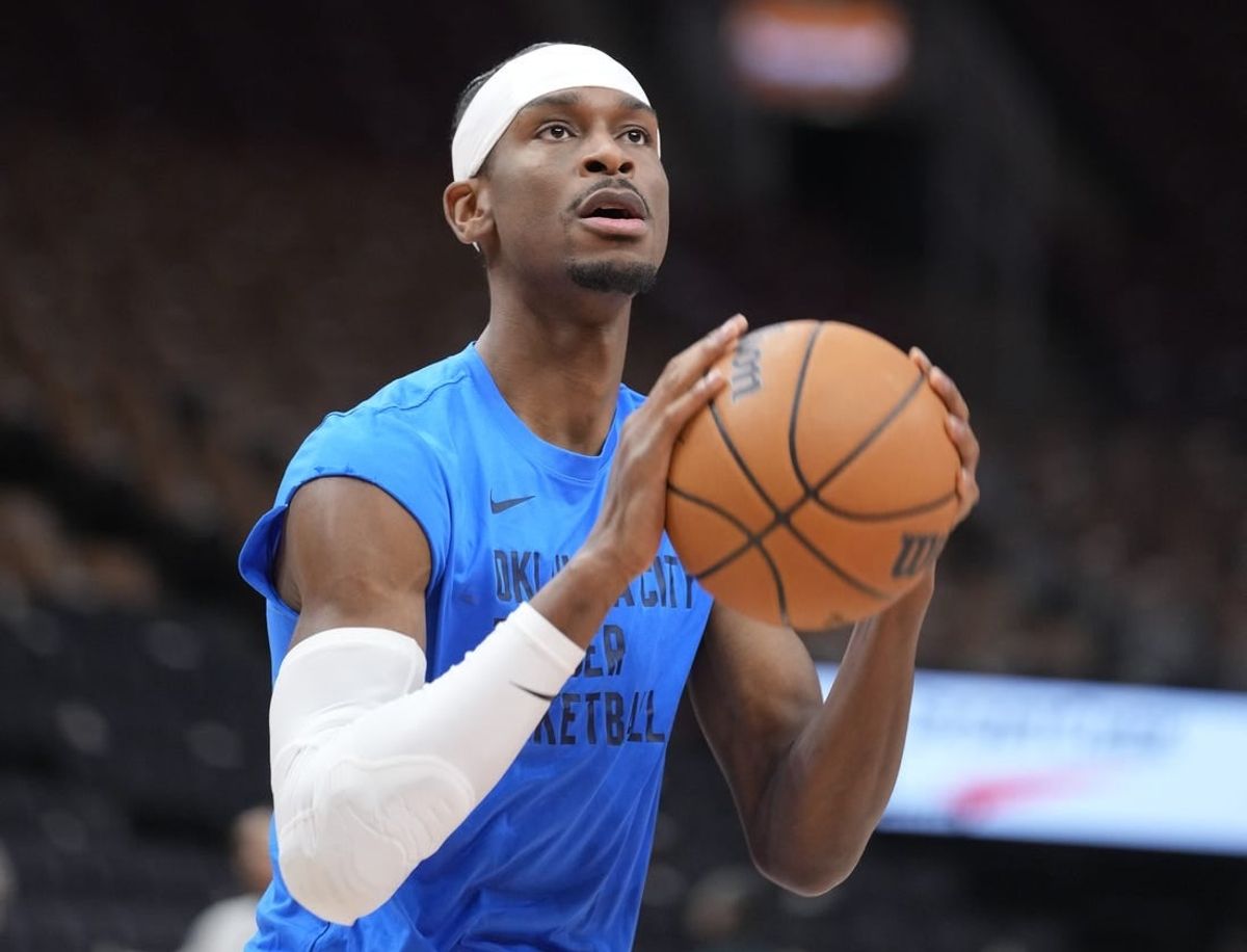 Mar 22, 2024; Toronto, Ontario, CAN; Oklahoma City Thunder guard Shai Gilgeous-Alexander (2) goes to shoot a basket during warm up before a game against the Toronto Raptors at Scotiabank Arena.