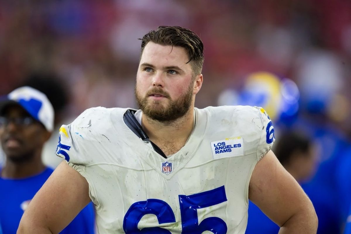 Nov 26, 2023; Glendale, Arizona, USA; Los Angeles Rams center Coleman Shelton (65) against the Arizona Cardinals at State Farm Stadium.