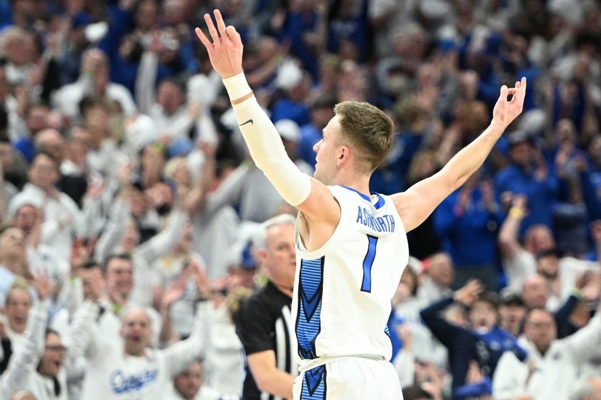 Feb 20, 2024; Omaha, Nebraska, USA; Creighton Bluejays guard Steven Ashworth (1) reacts after making a three point basket against the Connecticut Huskies in the first half at CHI Health Center Omaha.