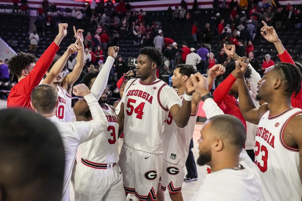 Jan 24, 2024; Athens, Georgia, USA; Georgia Bulldogs players react after defeating the LSU Tigers at Stegeman Coliseum.