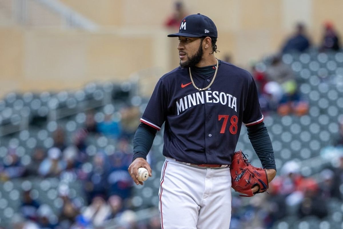 Apr 22, 2023; Minneapolis, Minnesota, USA; Minnesota Twins starting pitcher Simeon Woods Richardson (78) looks on after getting a pitch clock violation in the ninth inning against the Washington Nationals at Target Field.
