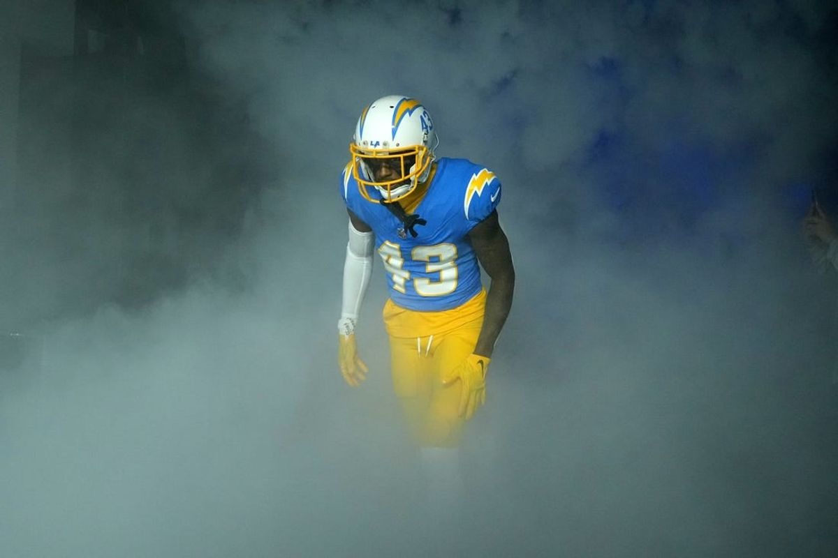 Dec 23, 2023; Inglewood, California, USA; Los Angeles Chargers cornerback Michael Davis (43) enters the field before the game against the Buffalo Bills SoFi Stadium.