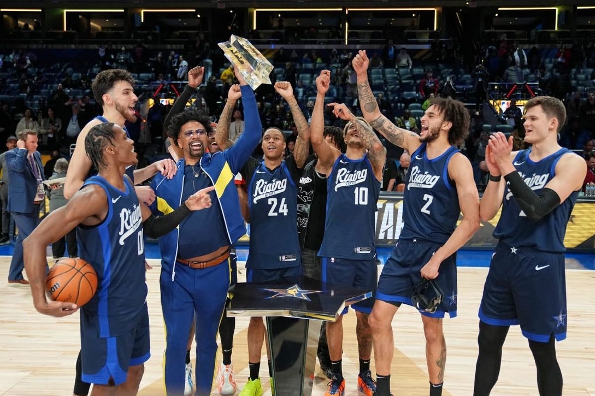 Feb 16, 2024; Indianapolis, Indiana, USA; Team Jalen celebrate after winning the Rising Stars final at Gainbridge Fieldhouse.