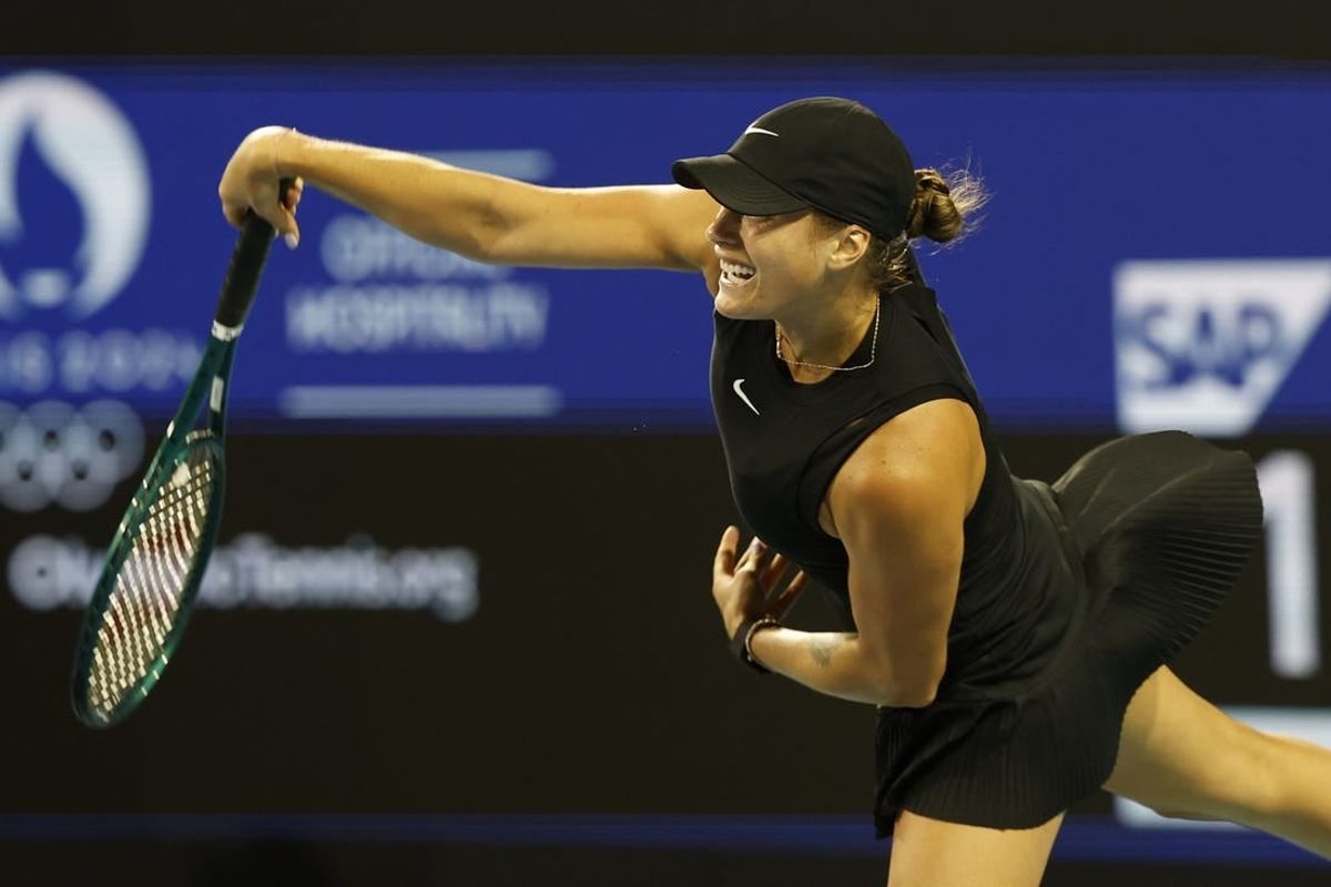 Mar 23, 2024; Miami Gardens, FL, USA; Aryna Sabalenka serves against Anhelina Kalinina (UKR) (not pictured) on day six of the Miami Open at Hard Rock Stadium.