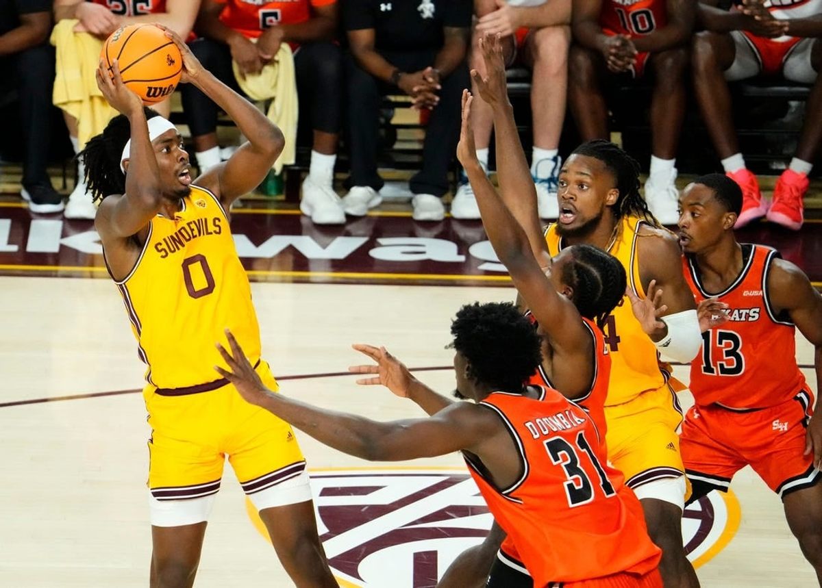 Arizona State Sun Devils guard Kamari Lands (0) looks to the basket against the Sam Houston State Bearkats at Desert Financial Arena in Tempe on Nov. 29, 2023.