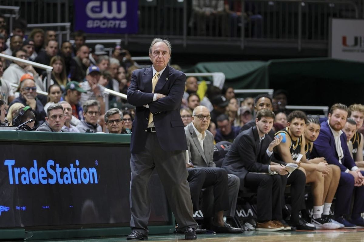 Dec 16, 2023; Coral Gables, Florida, USA; La Salle Explorers head coach Fran Dunphy looks on from the sideline against the Miami Hurricanes during the second half at Watsco Center.