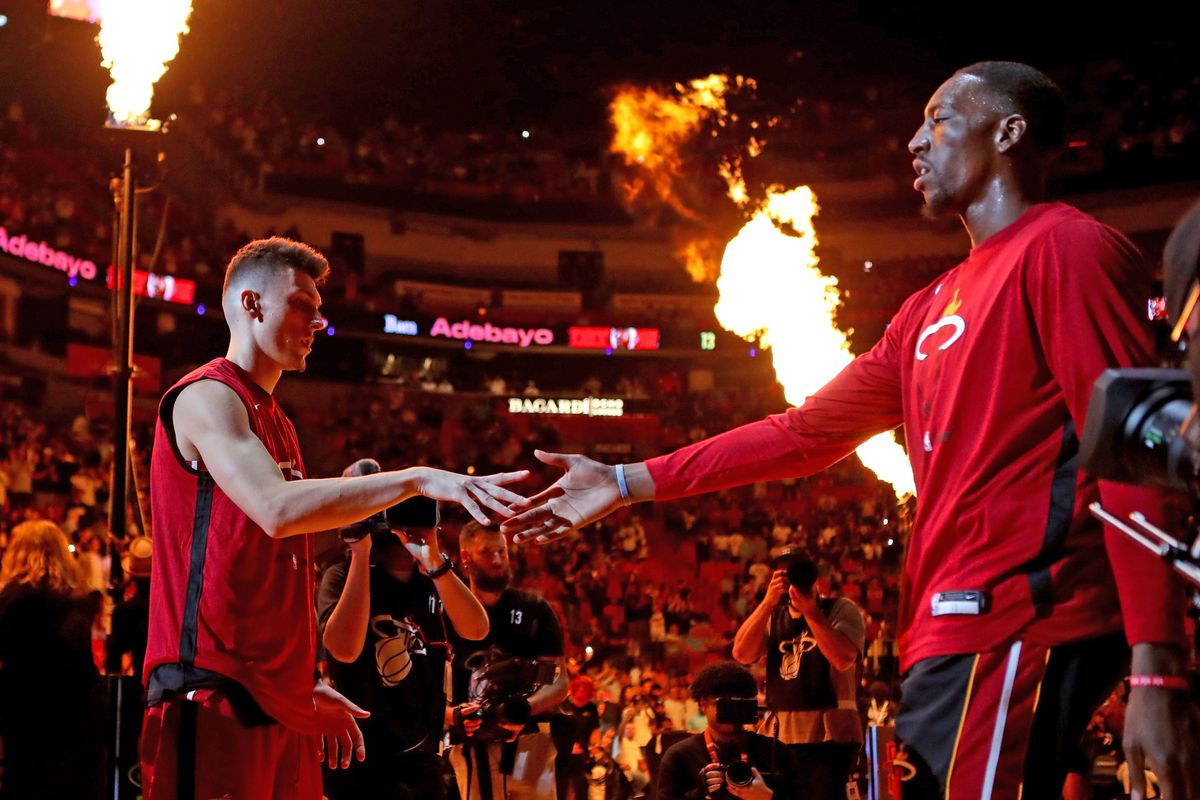 Tyler Herro and Bam Adebayo of the Miami Heat