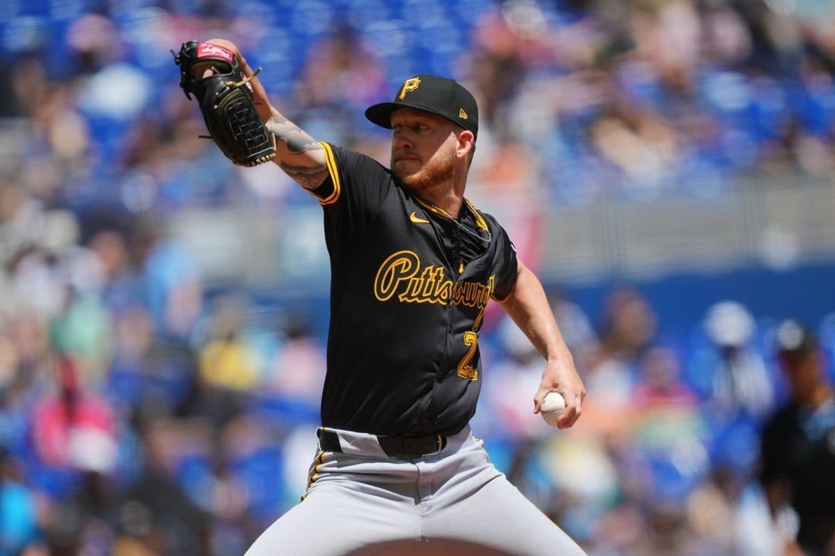 Mar 31, 2024; Miami, Florida, USA;  Pittsburgh Pirates starting pitcher Bailey Falter (26) pitches in the first inning against the Miami Marlins at loanDepot Park.