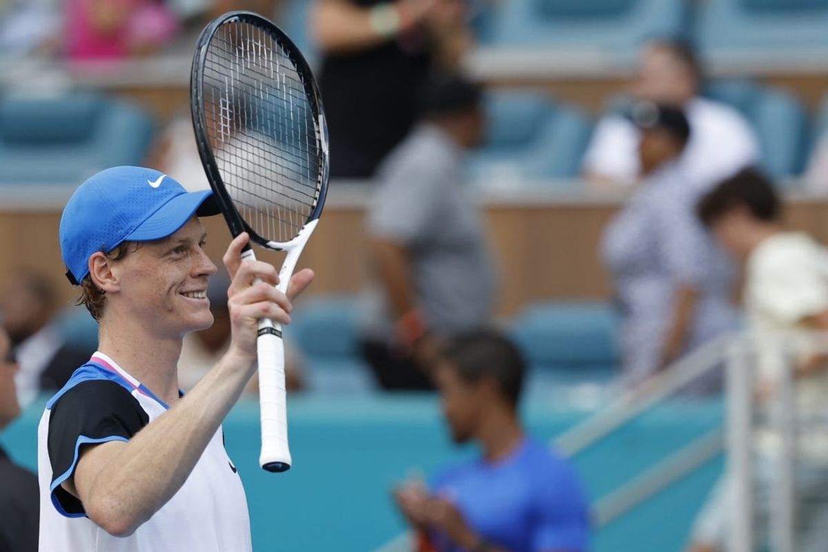 Mar 29, 2024; Miami Gardens, FL, USA; Jannik Sinner (ITA) waves to the fans after his match against Daniil Medvedev (not pictured) in a men's singles semifinal of the Miami Open at Hard Rock Stadium.
