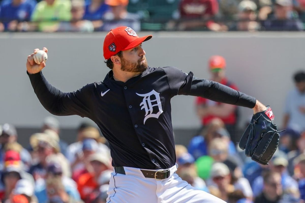 Feb 27, 2024; Lakeland, Florida, USA; Detroit Tigers starting pitcher Casey Mize (12) pitches during the first inning against the Toronto Blue Jays at Publix Field at Joker Marchant Stadium.