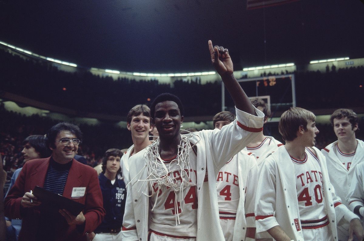 David Thompson and his NC State teammates after knocking out Bill Walton and UCLA for a national championship in 1974.
