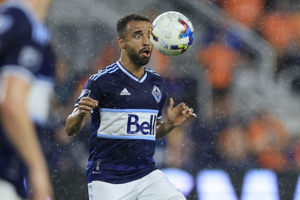 Jul 13, 2022; Cincinnati, Ohio, USA; Vancouver Whitecaps midfielder Caio Alexandre (8) follows the ball in the play against FC Cincinnati in the second half at TQL Stadium.
