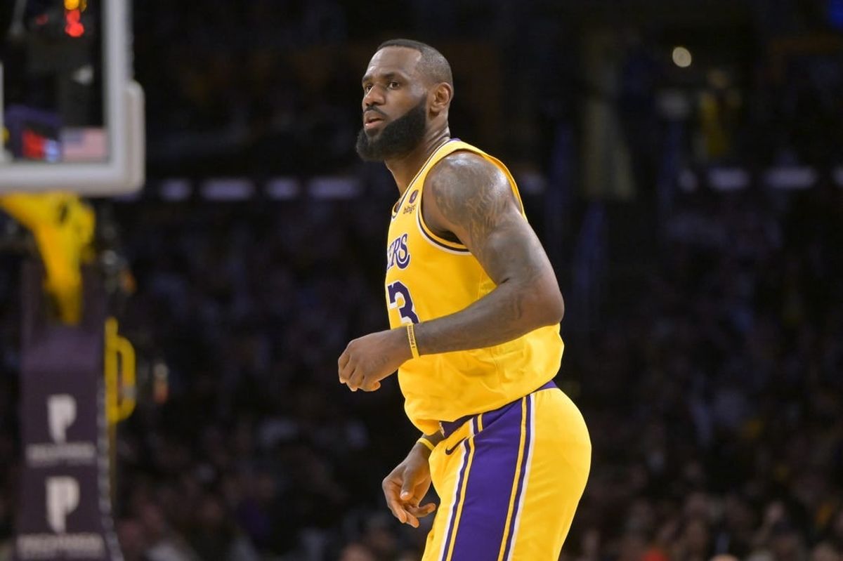 Feb 29, 2024; Los Angeles, California, USA;  Los Angeles Lakers forward LeBron James (23) looks on in the first half against the Washington Wizards at Crypto.com Arena.