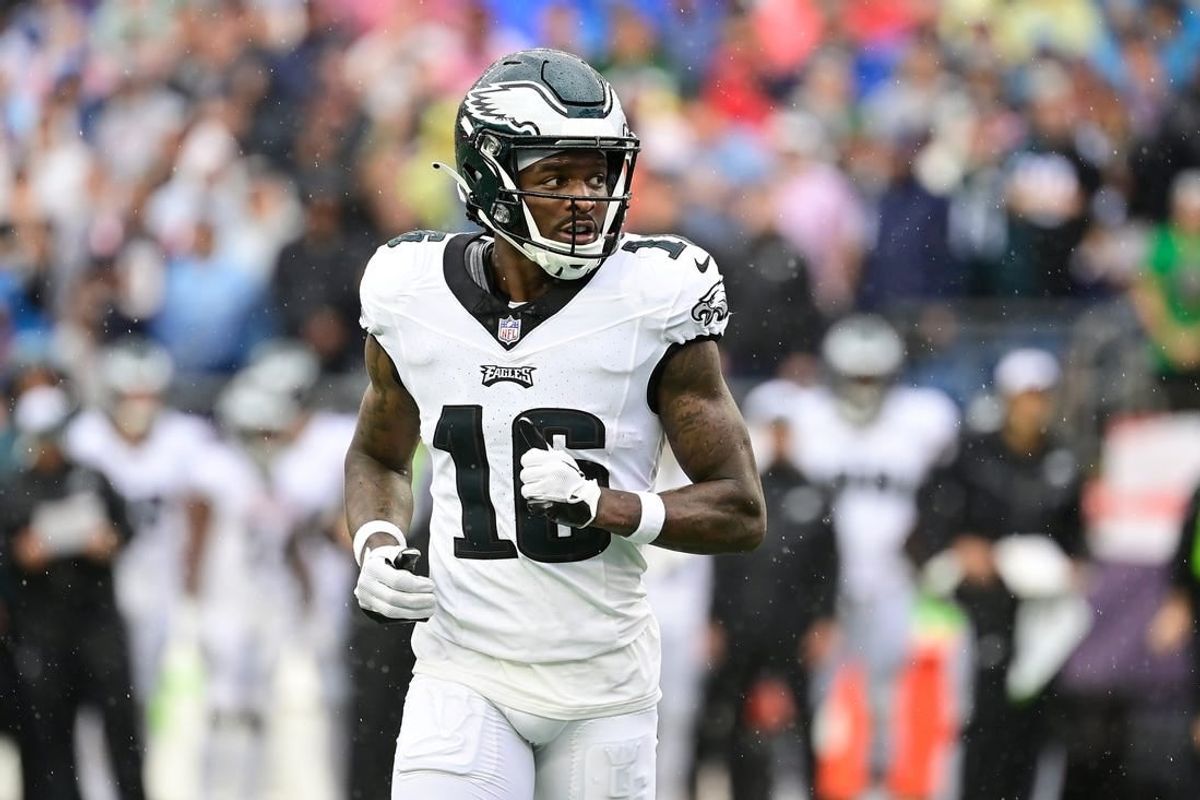 Sep 10, 2023; Foxborough, Massachusetts, USA; Philadelphia Eagles wide receiver Quez Watkins (16) between plays during the first half against the New England Patriots at Gillette Stadium.