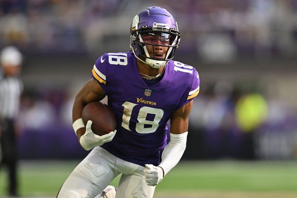Sep 11, 2022; Minneapolis, Minnesota, USA; Minnesota Vikings wide receiver Justin Jefferson (18) in action against the Green Bay Packers at U.S. Bank Stadium.