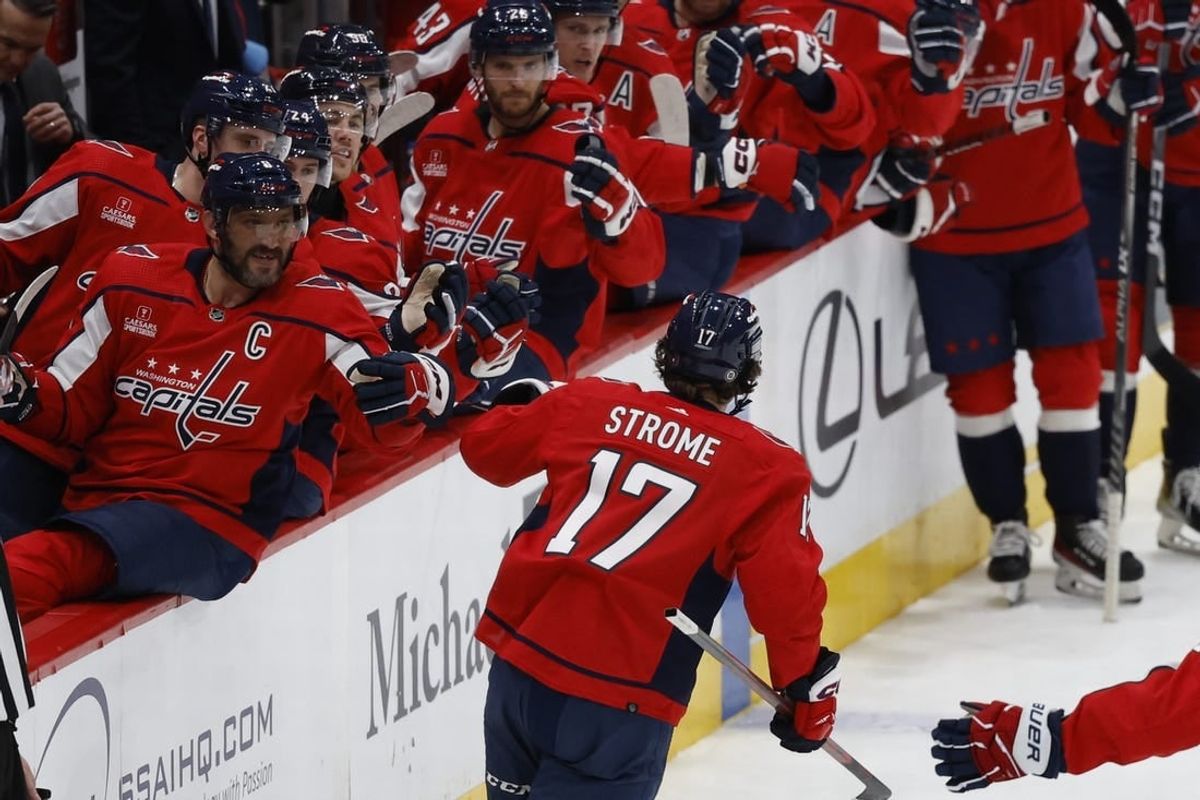 Nov 14, 2023; Washington, District of Columbia, USA; Washington Capitals center Dylan Strome (17) celebrates with teammates after scoring a goal against the Vegas Golden Knights in the first period at Capital One Arena.